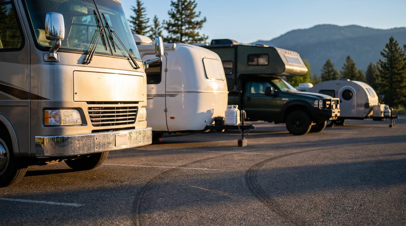 Rows of parked RVs including motorhome, travel trailer, truck camper, and teardrop trailer at sunrise with mountains in background