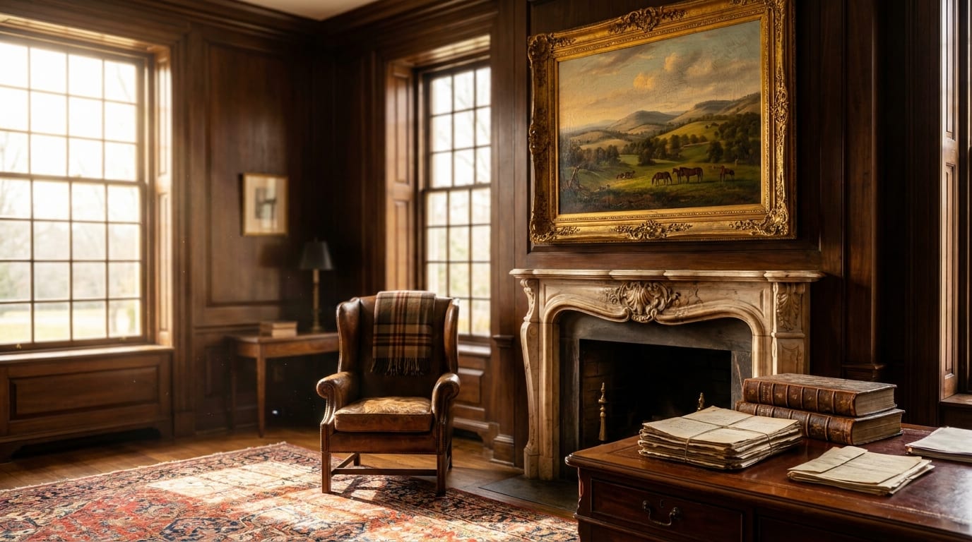 Historic Kentucky manor study with gilt-framed bluegrass landscape painting above marble fireplace, leather wingback chair, mahogany desk with anti…