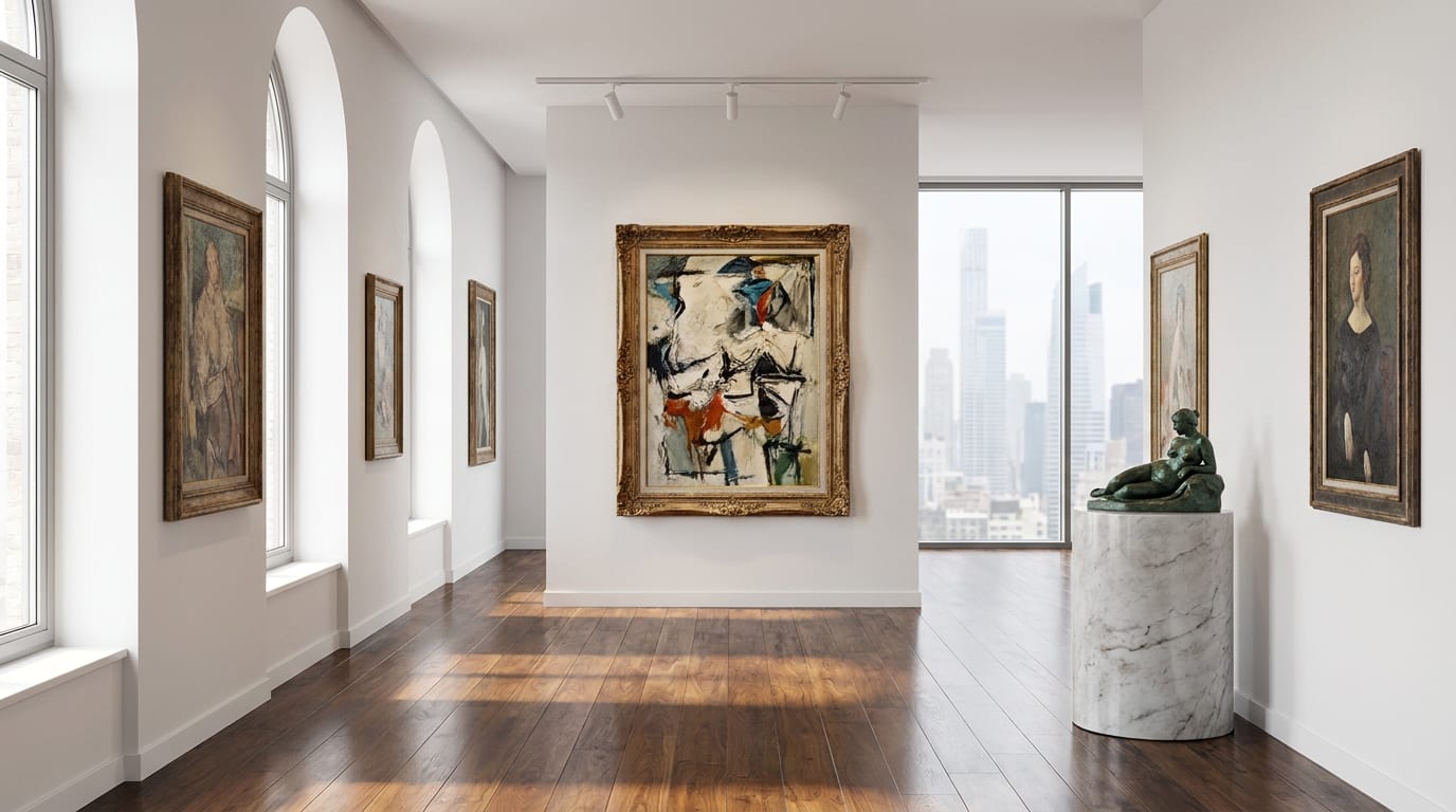 Upscale Manhattan gallery with framed paintings on white walls, bronze sculpture on marble pedestal, and NYC skyline visible through arched windows