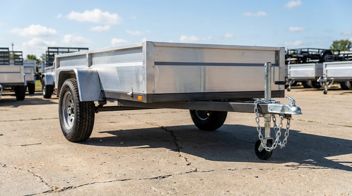 Utility trailer parked in outdoor storage yard with organized rows of similar trailers in background