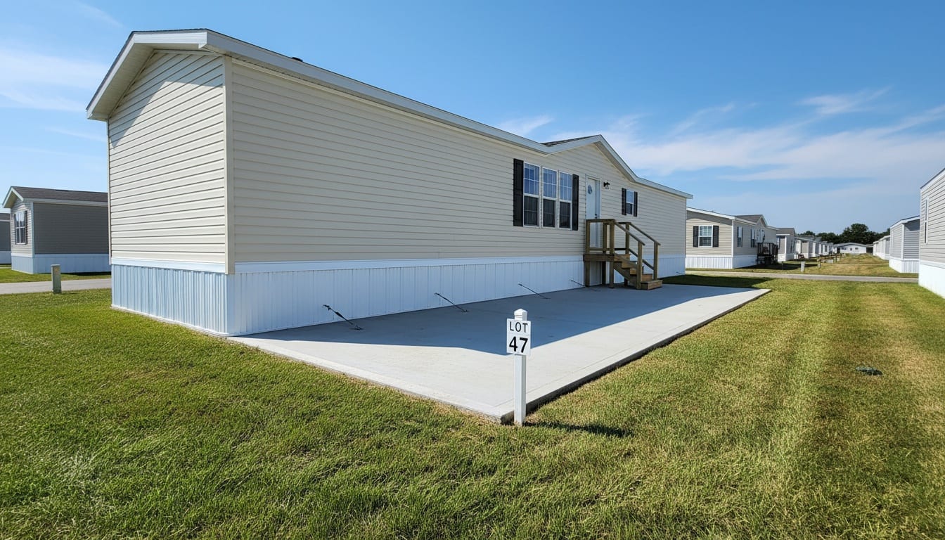 Manufactured home on leased lot with concrete pad, tie-downs, and property marker visible