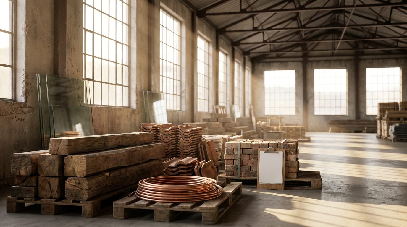 Sunlit architectural salvage warehouse with organized stacks of reclaimed oak beams, terracotta tiles, copper piping, weathered bricks, and salvage…