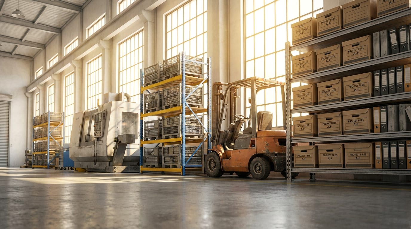 Organized warehouse interior with CNC machine, pallet racks, forklift, and labeled storage shelves under natural sunlight