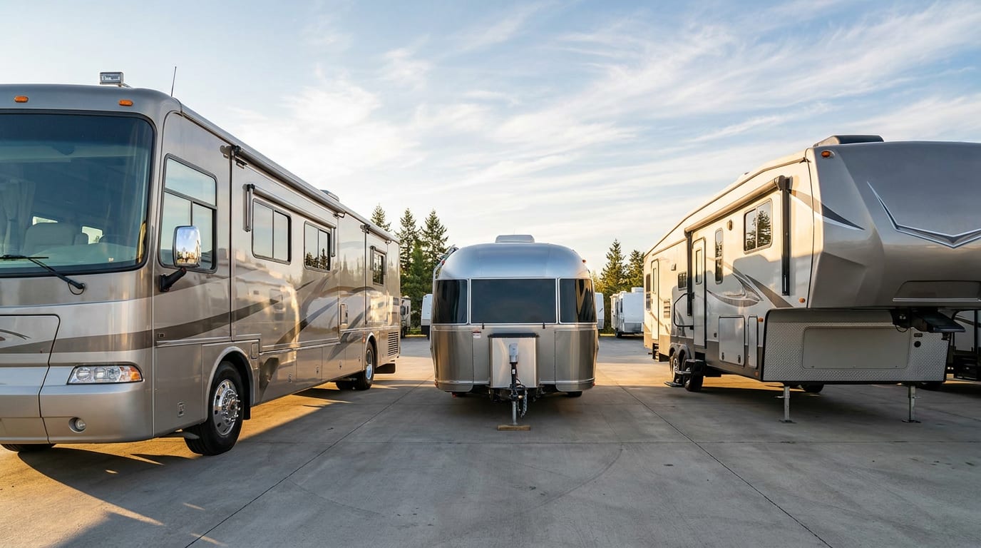 Three RVs parked in sunlit storage lot: Class A motorhome, travel trailer, and fifth wheel