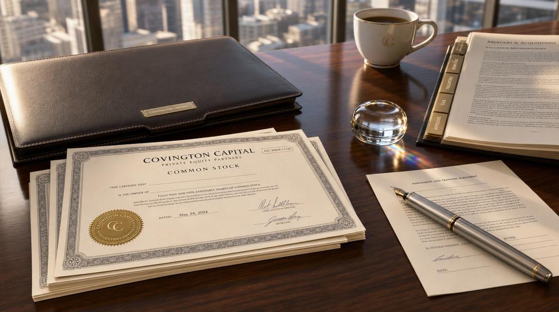 Stacked corporate stock certificates and leather portfolio on walnut desk with fountain pen and glass paperweight in natural light