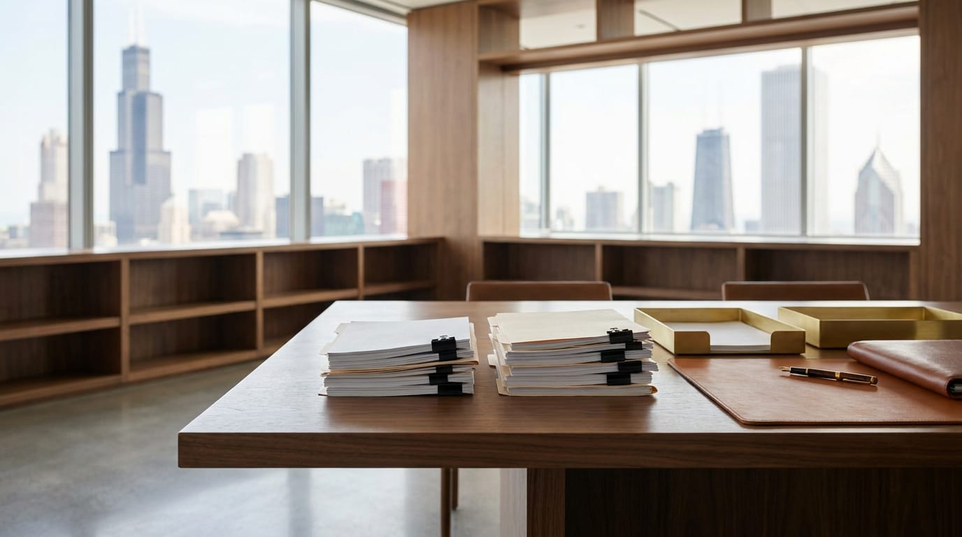 Organized documents and binder clips on walnut conference table with Chicago skyline view