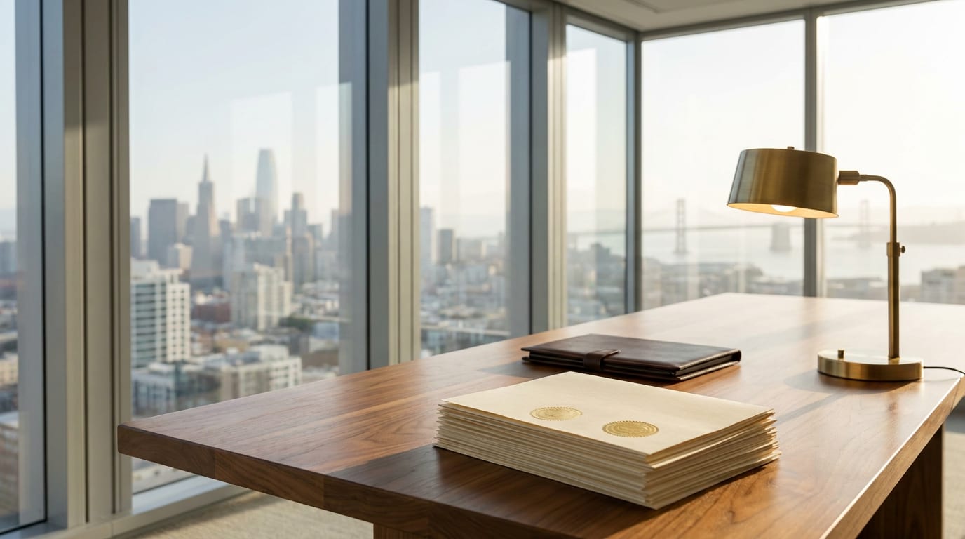 Sunlit San Francisco office with certification documents and brass lamp on walnut table, city skyline visible through floor-to-ceiling window