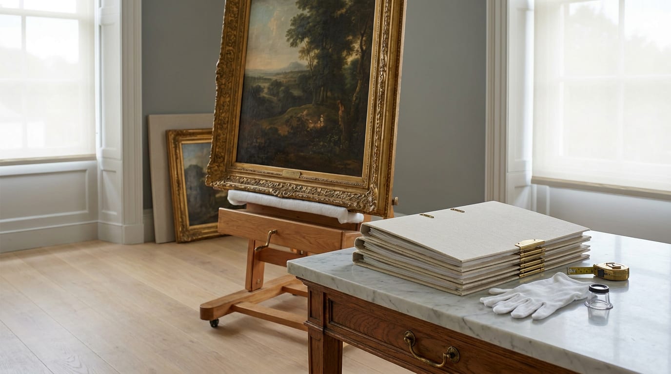 Art conservation studio with framed oil painting on easel, archival folders, inspection gloves, and magnifying loupe on marble table