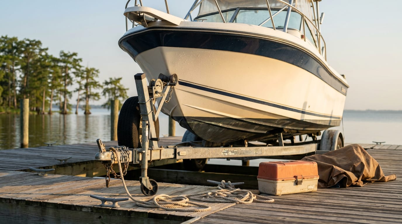 Fiberglass fishing boat on trailer at Lake Pontchartrain marina dock at sunrise