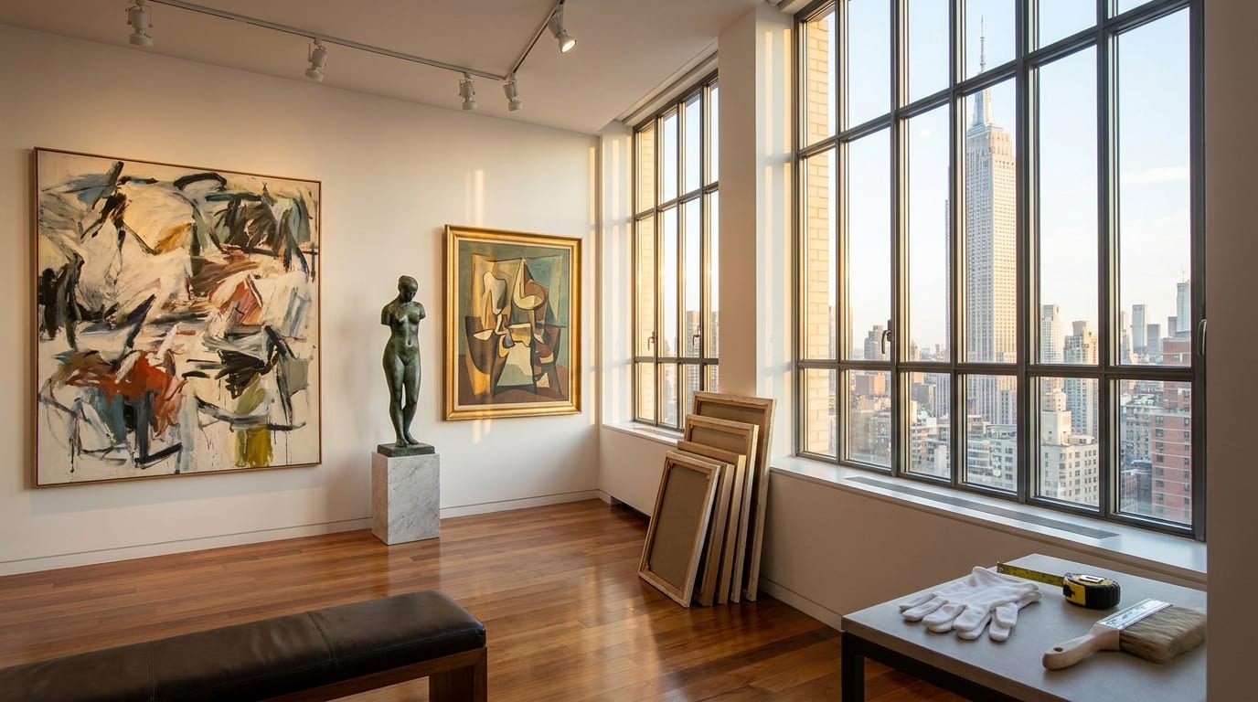 Sunlit Manhattan penthouse gallery with art collection on white walls, marble sculpture, and archival conservation tools