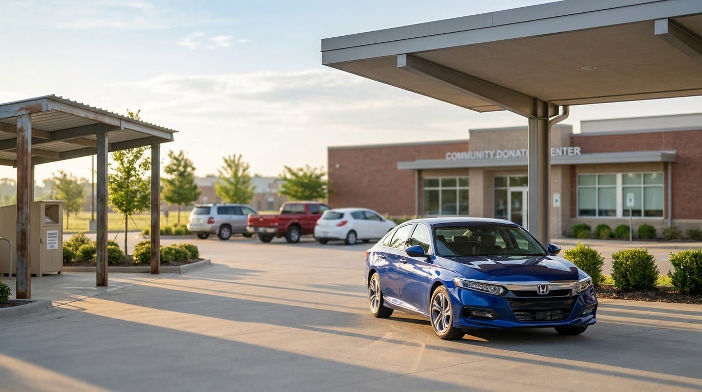 Polished sedan parked in donation center courtyard with drop-off canopy and donated vehicles in background