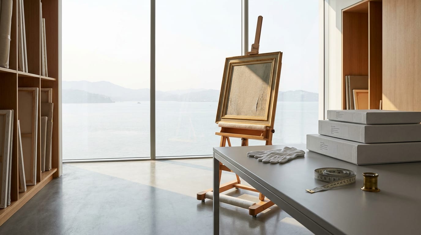 Contemporary painting on padded easel in minimalist gallery storage room with bay view, archival supplies, and polished concrete floors