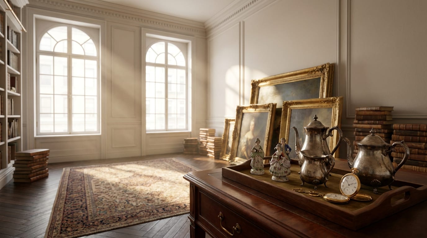 Sunlit New York brownstone estate room with mahogany desk, antique silver tea services, gilt-framed paintings, leather-bound books, and Persian rug…