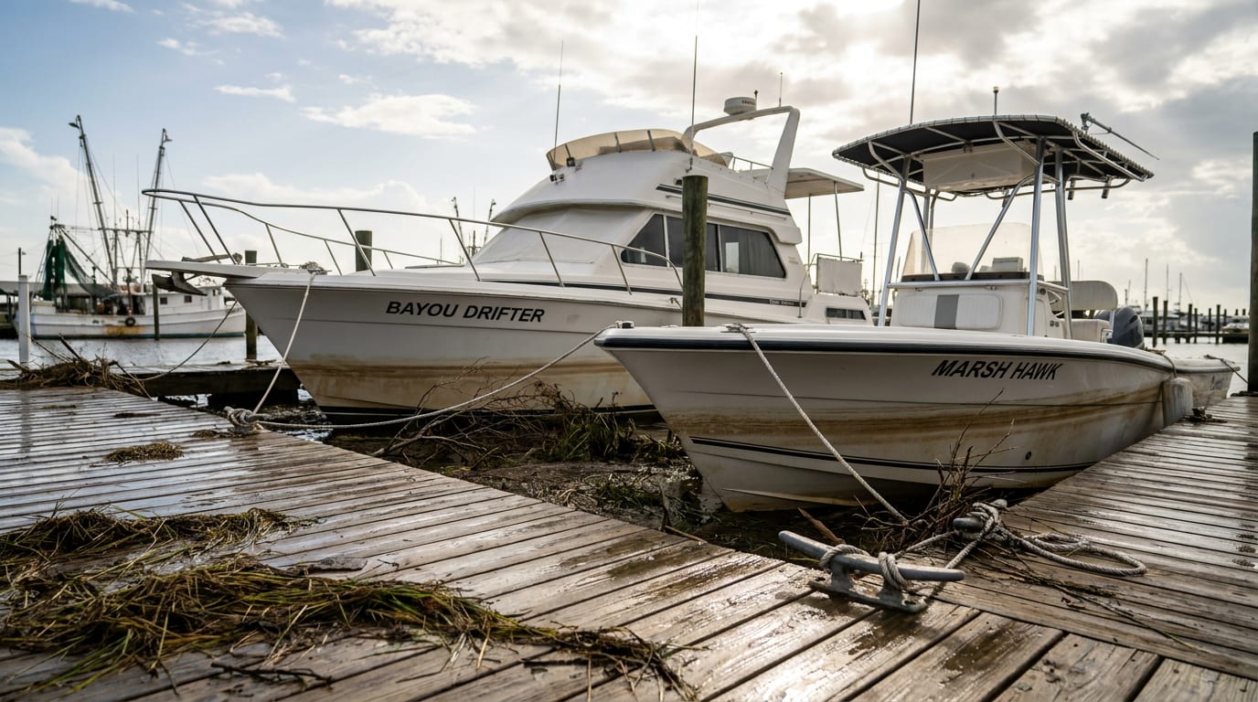 Marina with fiberglass yacht and fishing boat at dock showing hurricane flood damage waterline marks