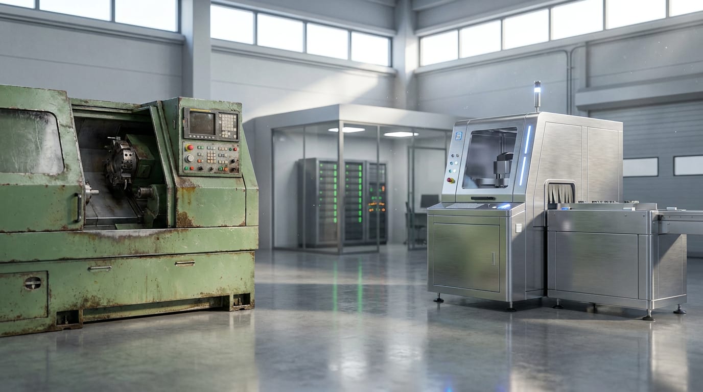 Weathered CNC machine and modern automated production unit side by side in industrial facility with control room