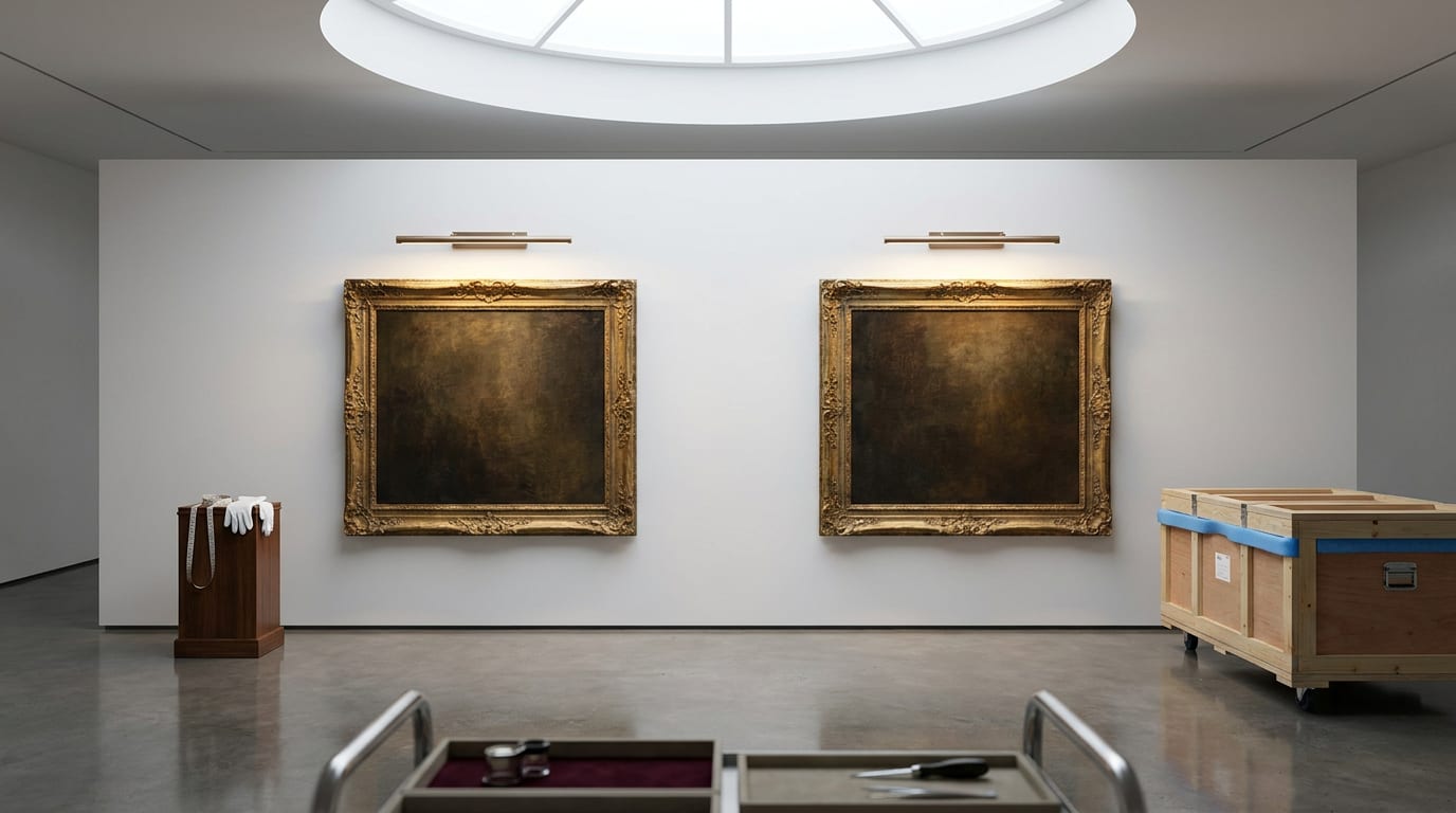 Gallery space with two framed oil paintings displayed under museum-grade lighting, archival supplies, and conservation equipment on concrete flooring