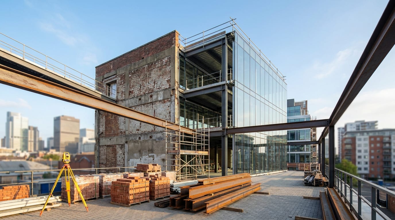Partially renovated industrial building with exposed brick, new glass curtain wall, and construction materials in foreground
