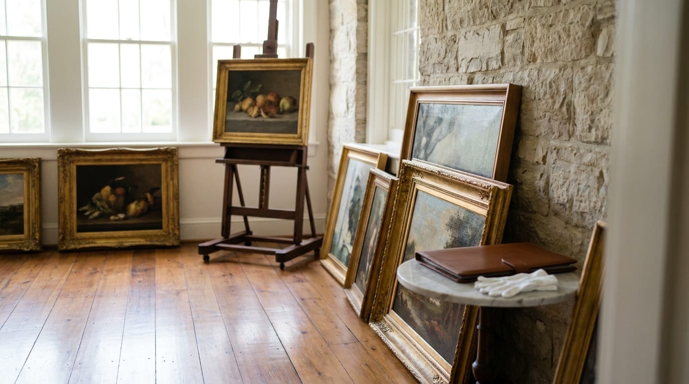 Framed fine art paintings leaning against limestone wall in sunlit gallery room with tall windows