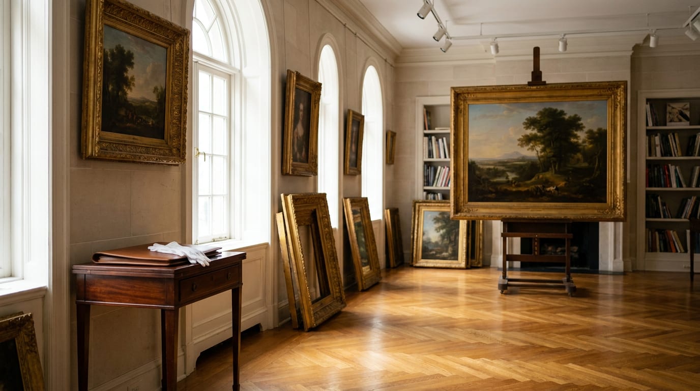 Upper East Side townhouse gallery with framed oil paintings, easel-displayed landscape, and mahogany table with archival gloves
