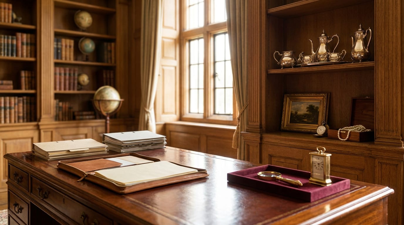 Mahogany desk with leather portfolio, archival folders, and brass magnifying loupe; curio shelf displaying silver tea service, oil painting, pocket…