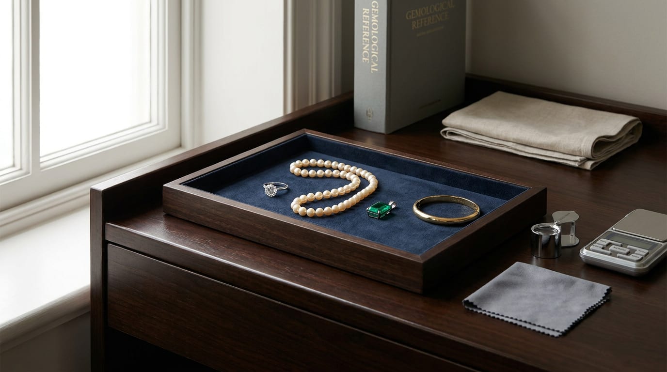 Jeweler's workbench with diamond ring, pearl strand, emerald pendant, and gold bangle on velvet tray, surrounded by loupe and appraisal tools