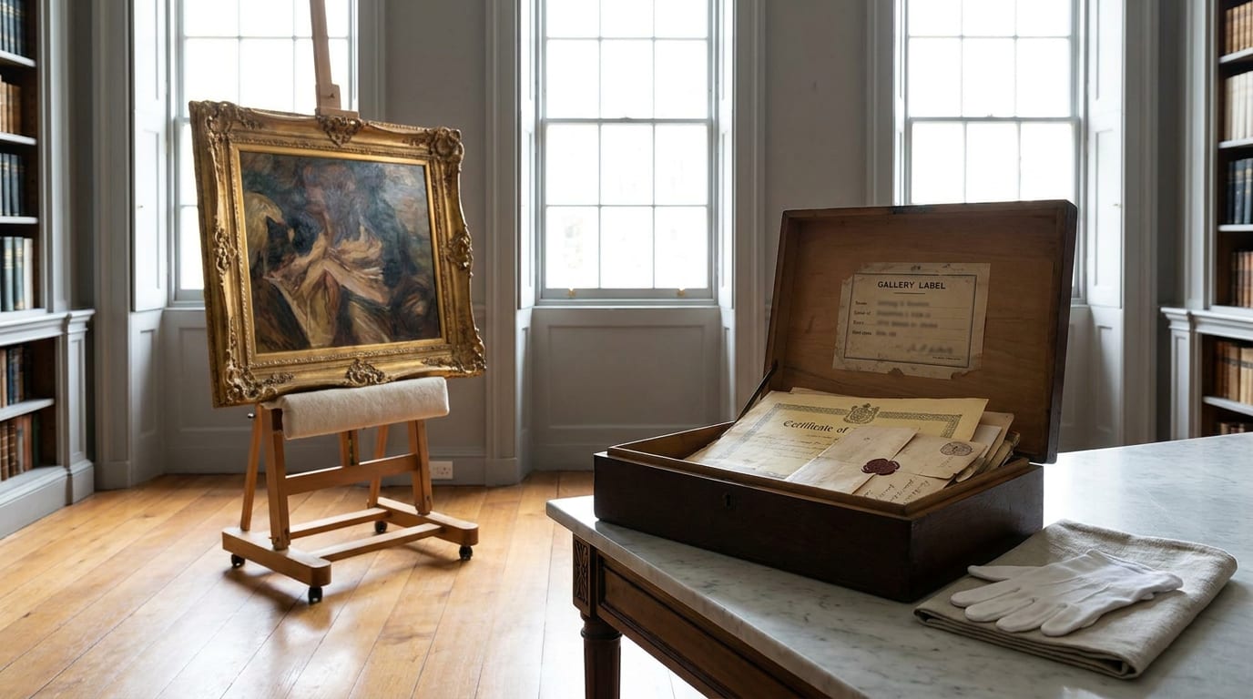 Framed oil painting on easel beside open document box with certificates and letters in archive gallery room