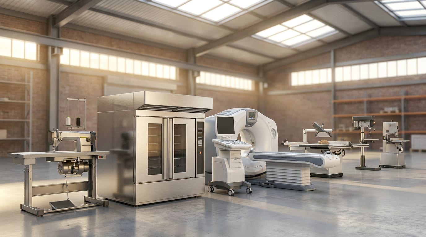 Industrial warehouse with donated equipment including sewing machine, restaurant oven, medical imaging device, and woodworking tools arranged on po…