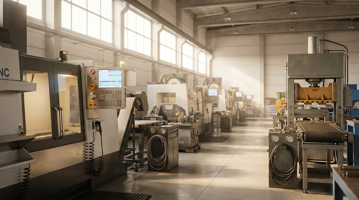 Row of CNC machines and hydraulic presses in sunlit industrial warehouse with polished concrete floor