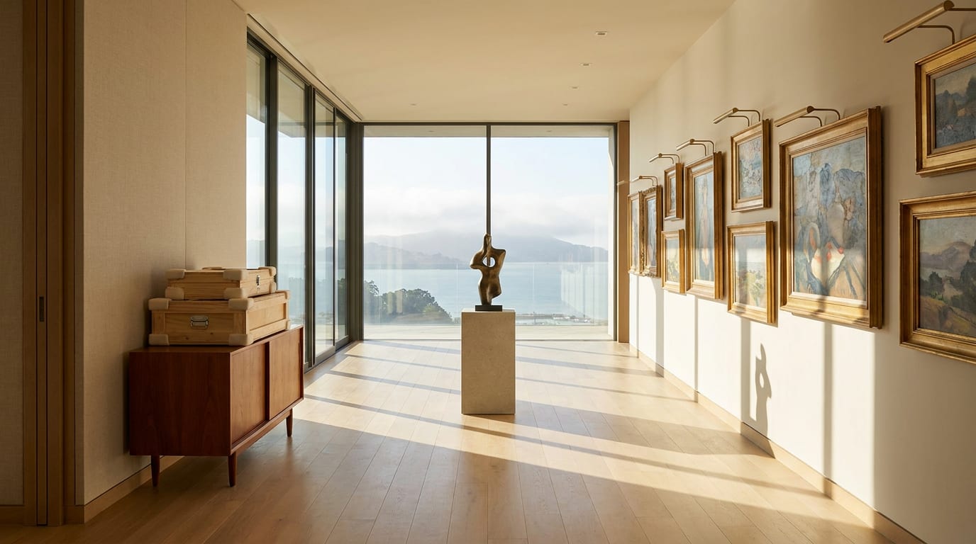 Private gallery room with framed fine art, bronze sculpture, and bay windows overlooking San Francisco Bay