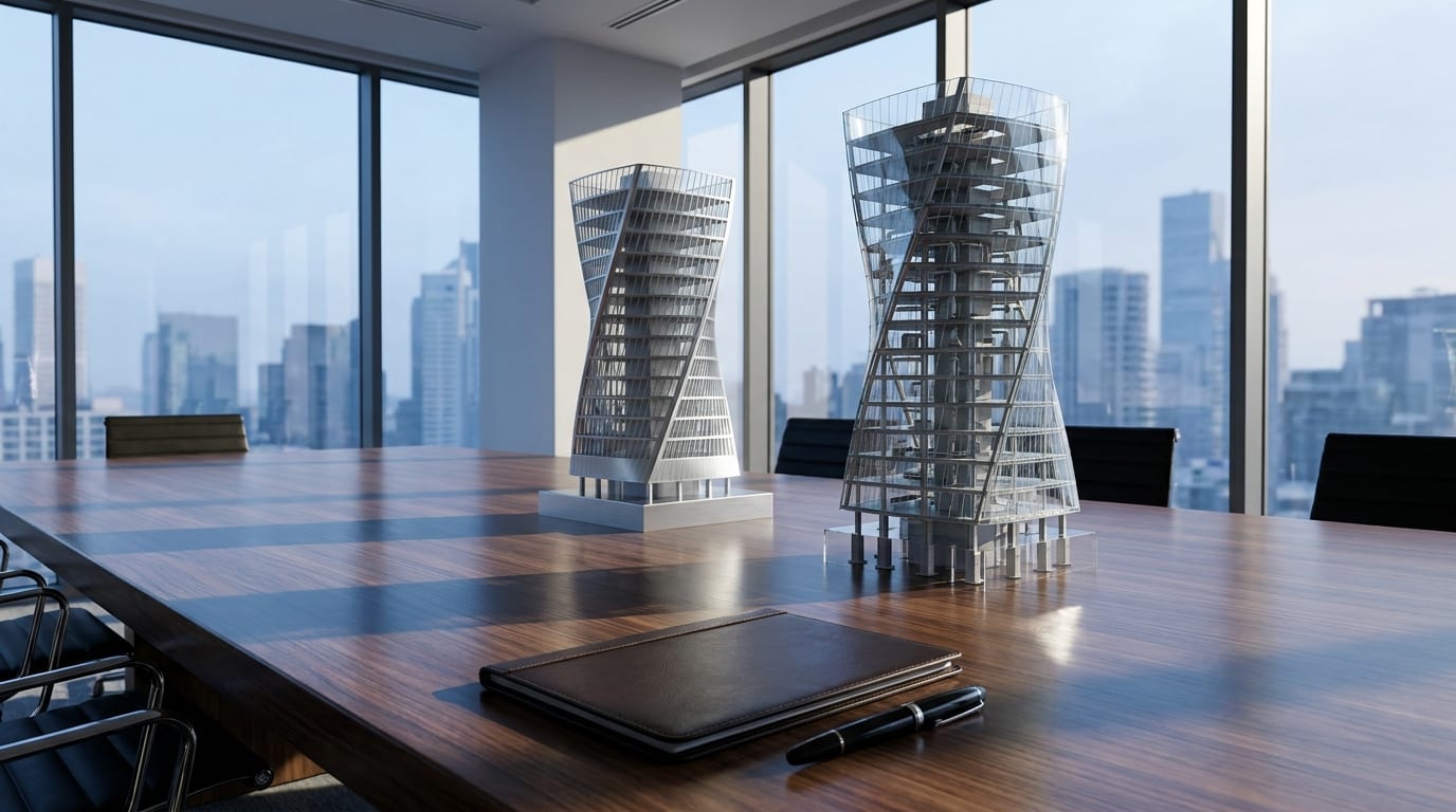 Two architectural models of a corporate building on a polished boardroom table, one in brushed silver and one with transparent glass revealing inte…