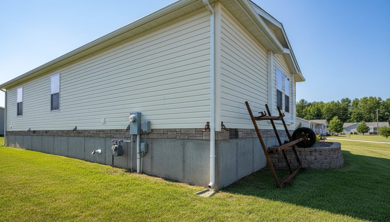 Double-wide manufactured home on permanent concrete foundation with skirting and tie-downs, beside mobile chassis on retaining wall