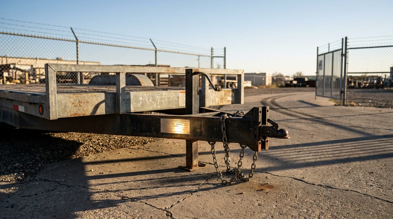 Empty flatbed utility trailer parked on cracked concrete with disconnected hitch and safety chains in morning sunlight