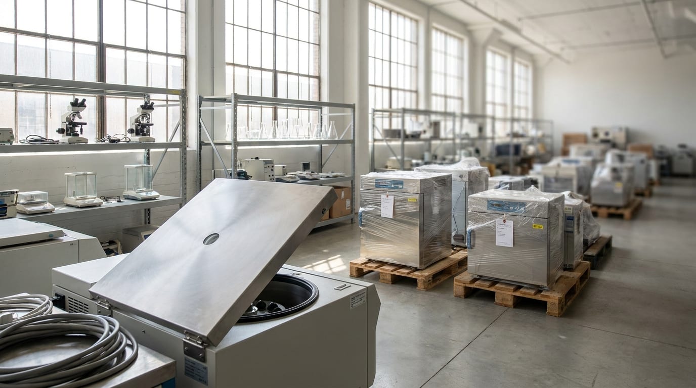 Laboratory equipment staged for decommissioning and inventory liquidation in warehouse facility