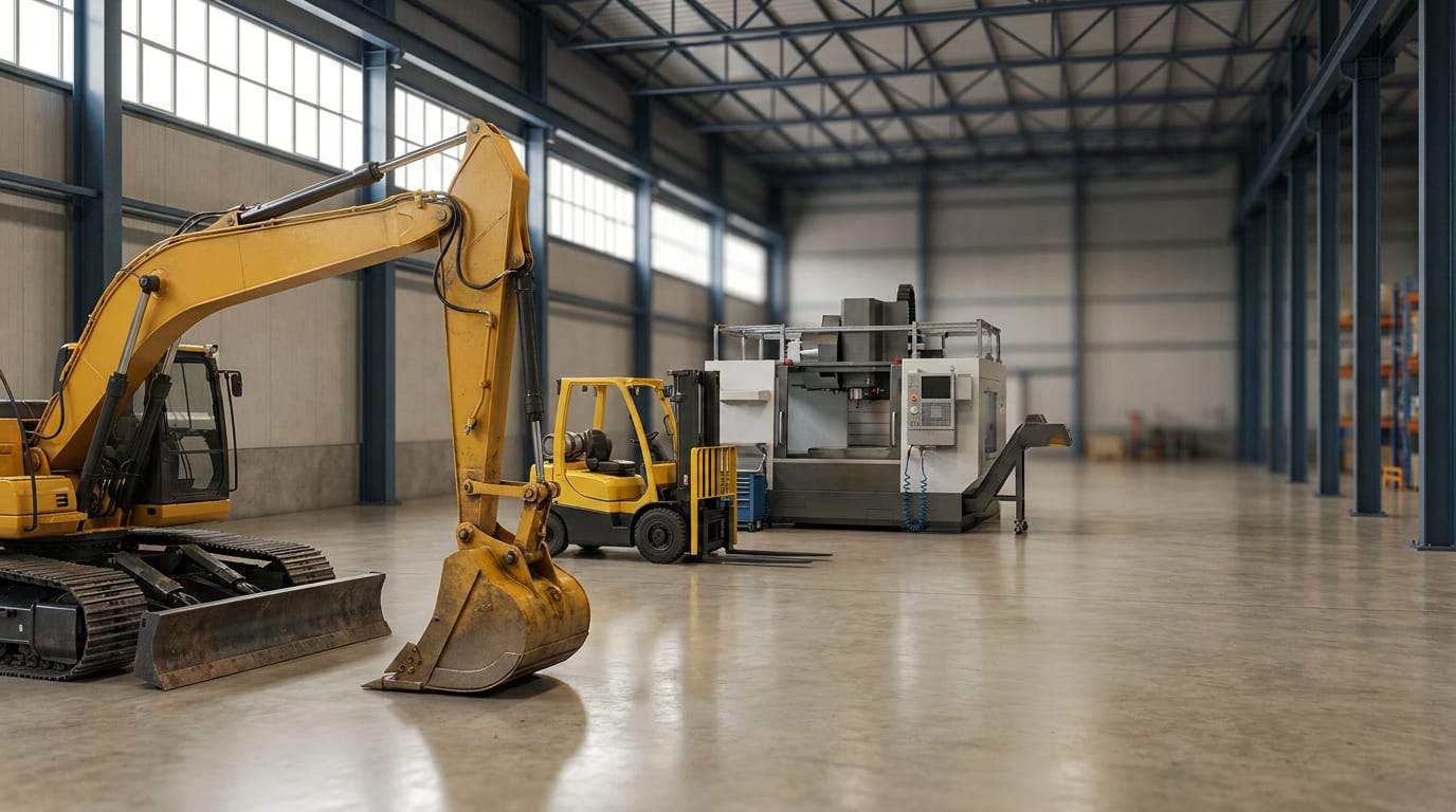 Heavy equipment including yellow excavator, forklift, and CNC milling machine arranged in industrial warehouse with natural light