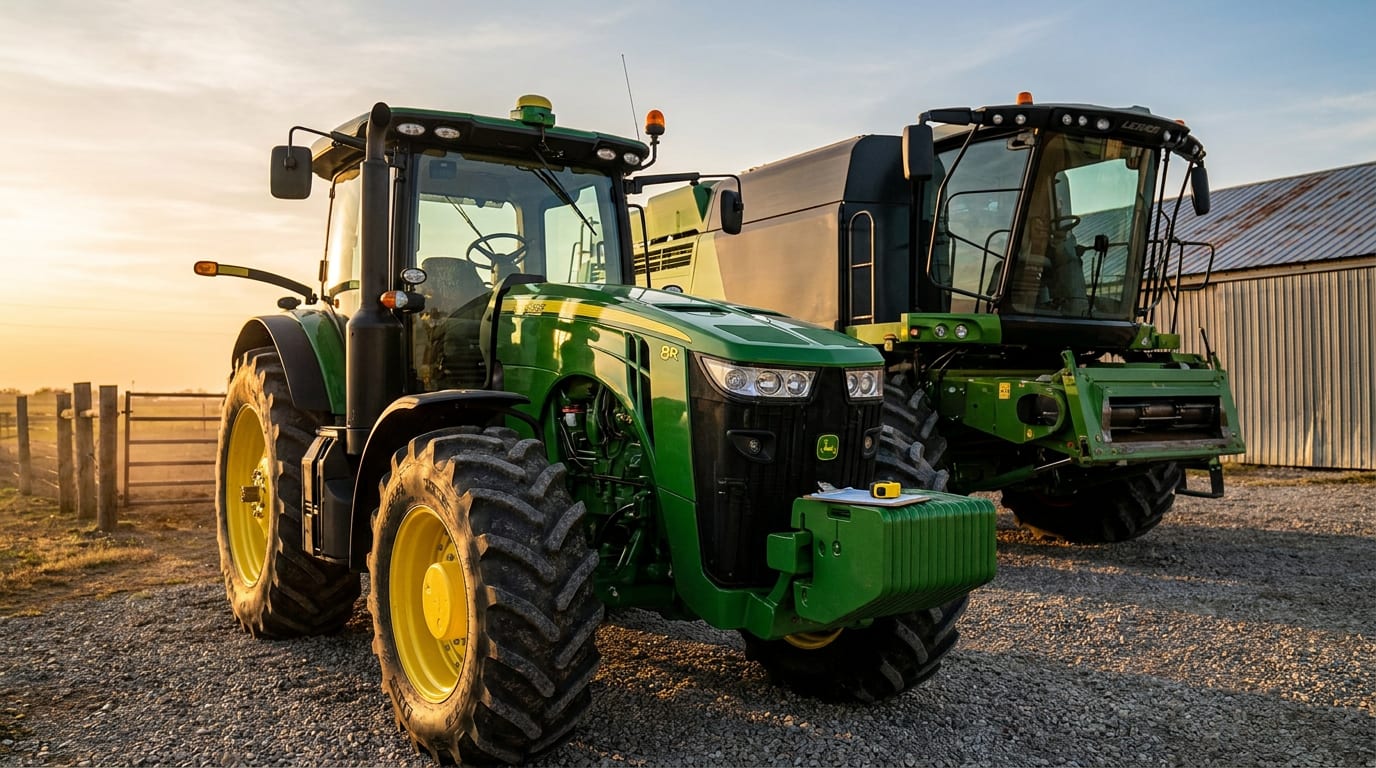 Green tractor and combine harvester in sunlit equipment yard with clipboard on tire