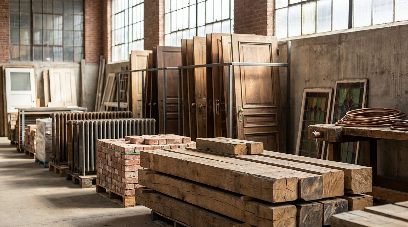 Sunlit warehouse interior with organized rows of reclaimed architectural materials including oak beams, antique brick, cast-iron radiators, wooden…