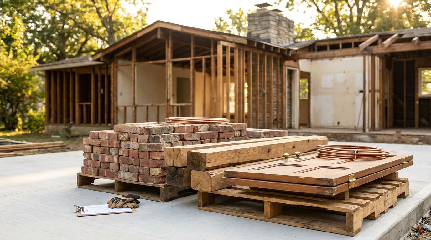 Salvaged materials from home deconstruction organized on pallets, including reclaimed wood beams, vintage doors, and brick
