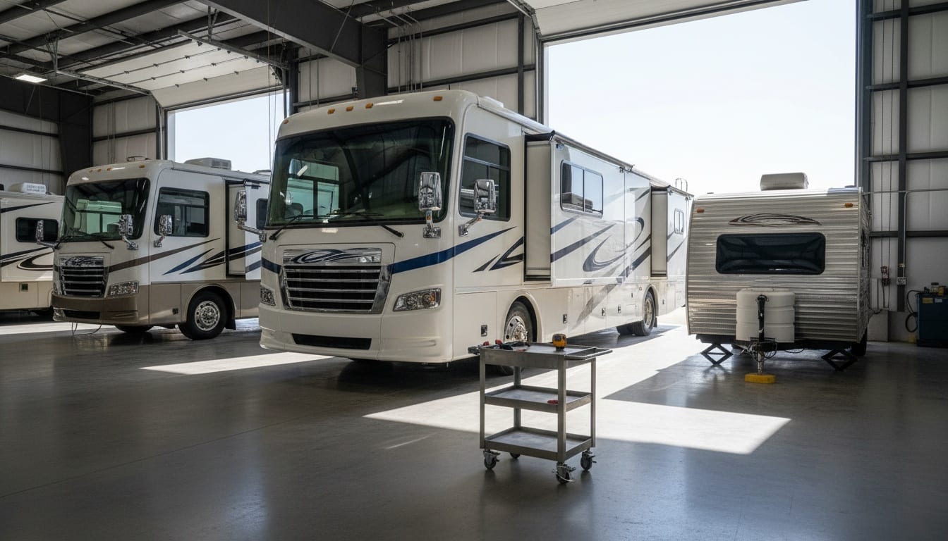 Modern RV service facility with Class A motorhome, travel trailer, and Class C motorhome parked under natural sunlight