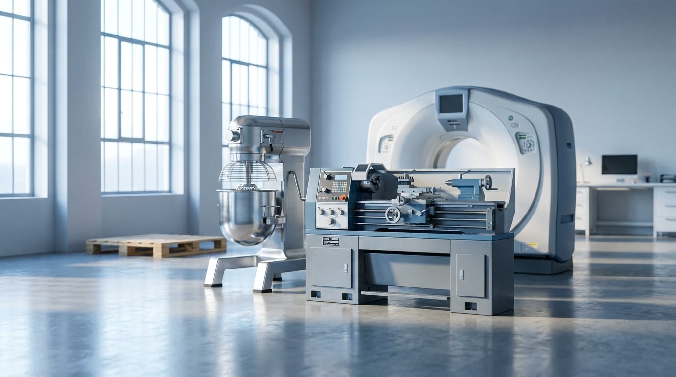 Industrial equipment in donation staging area with commercial mixer, lathe, and medical scanner on polished concrete floor