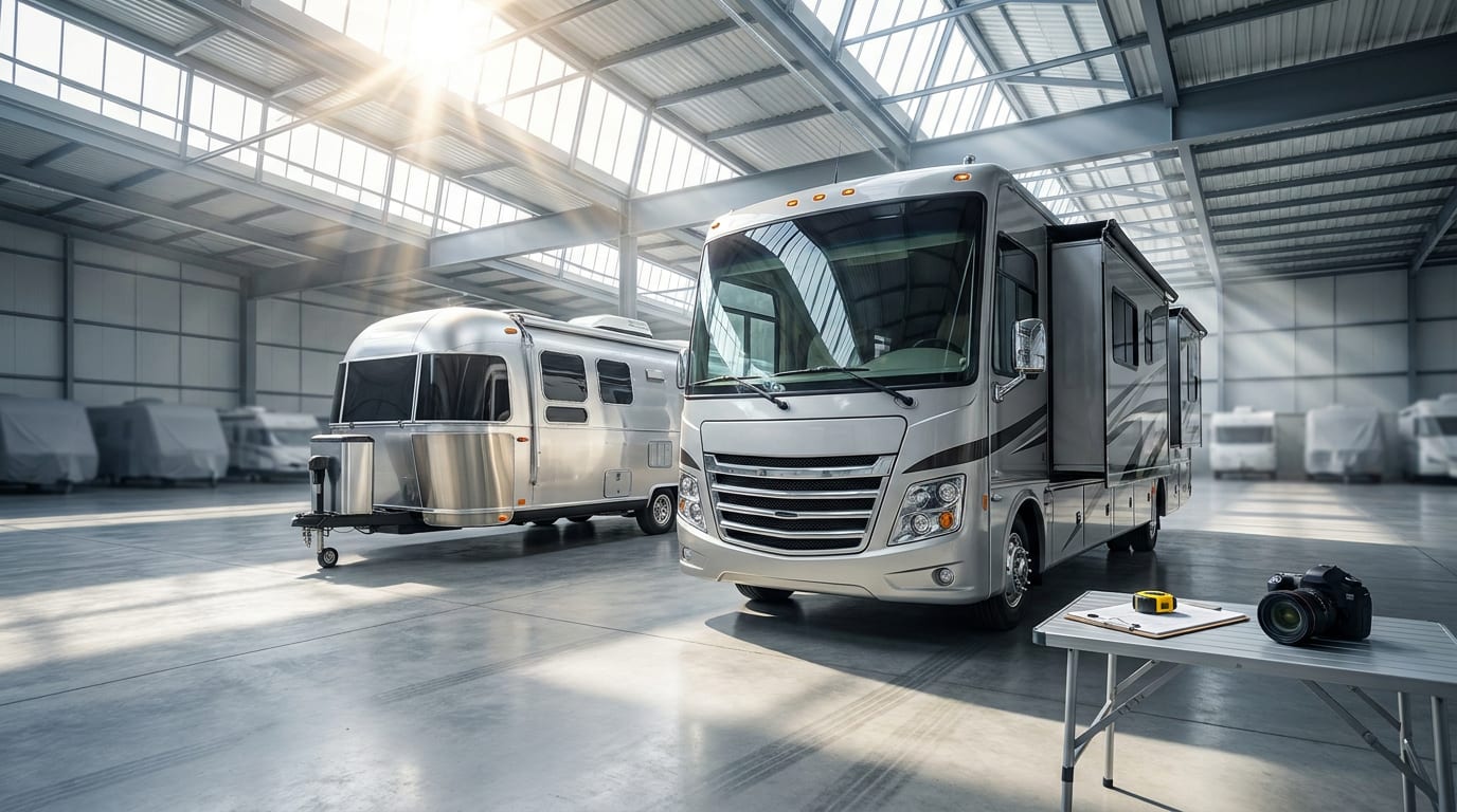 Luxury Class A motorhome and travel trailer parked in bright storage facility with appraisal documentation nearby