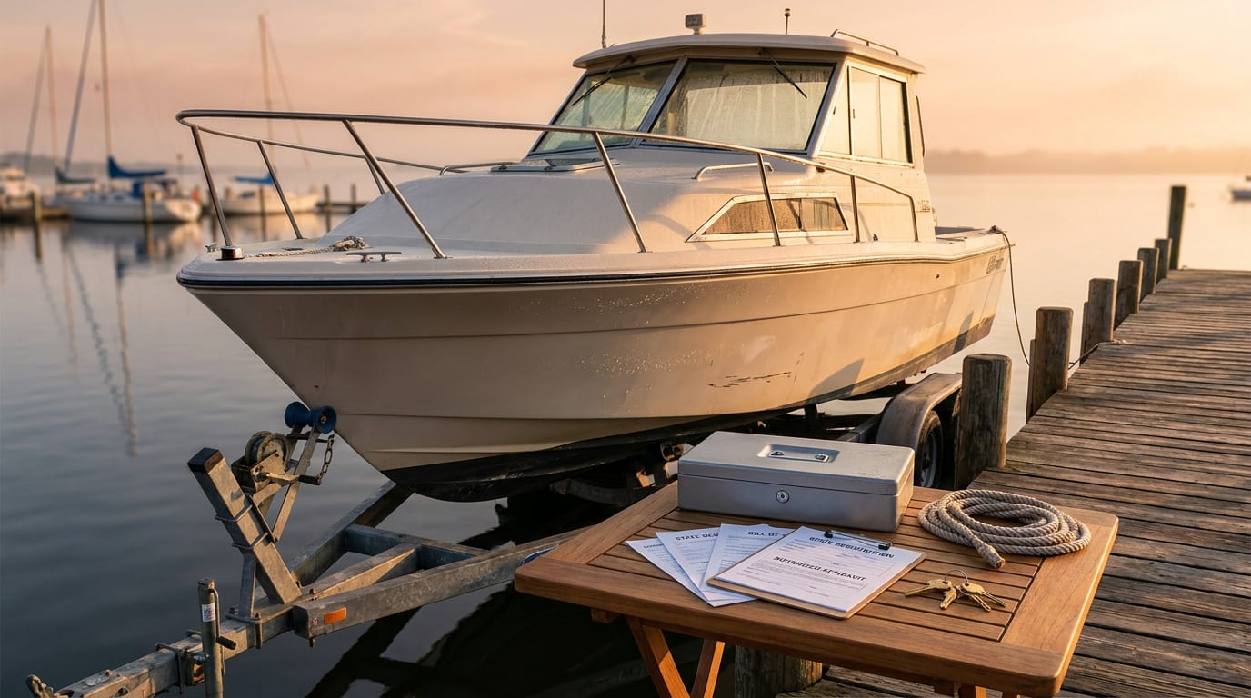 Cabin cruiser on trailer beside wooden pier with registration documents, keys, and mooring rope on teak table at sunrise marina dock