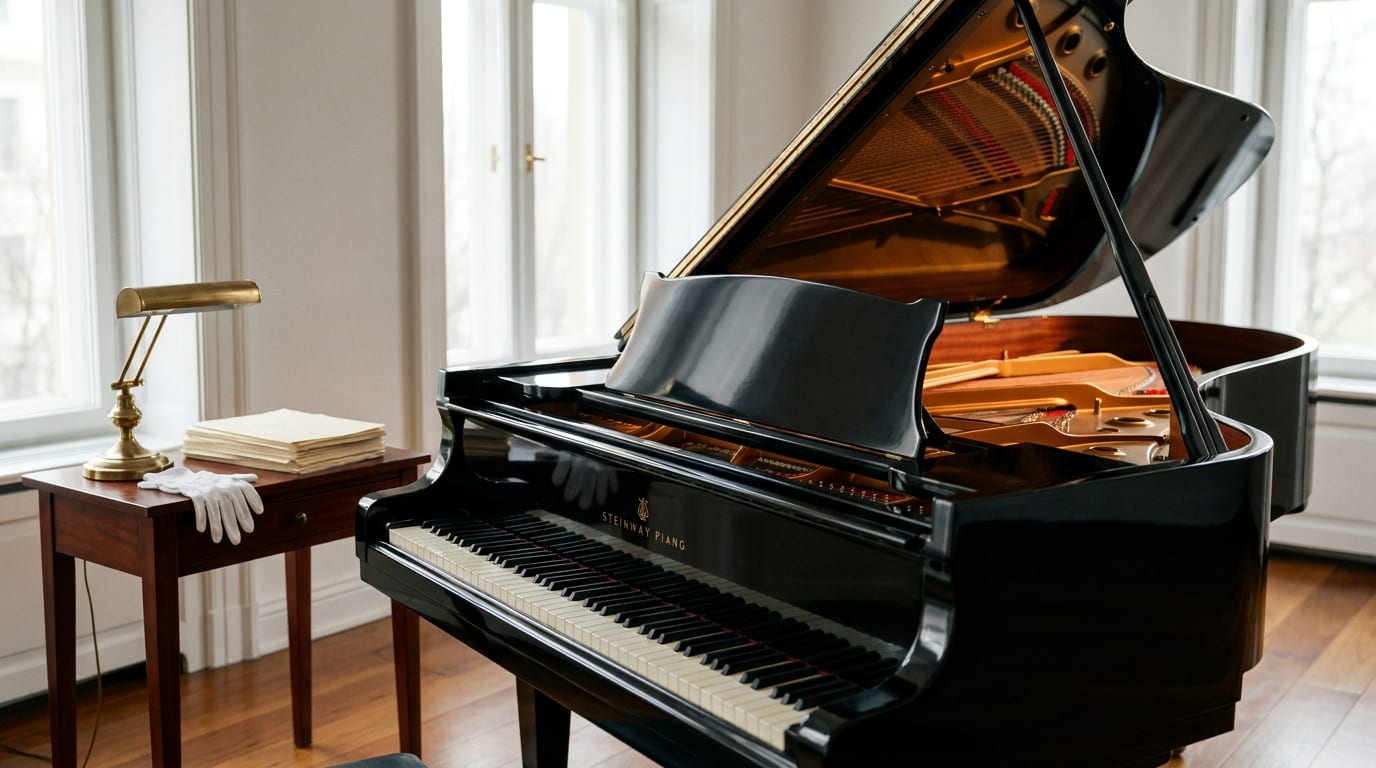 Grand piano with raised lid in sunlit room, documents and brass lamp on mahogany table nearby