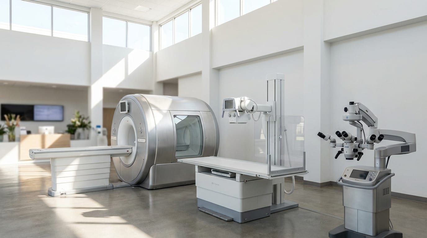 Modern medical diagnostic equipment displayed in a bright clinical showroom