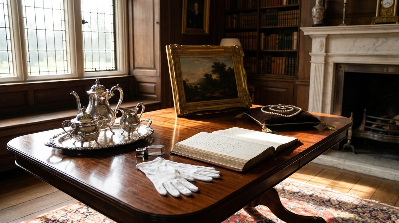 Antique collection on mahogany table with silver tea service, pearls, painting, and leather ledger in sunlit study