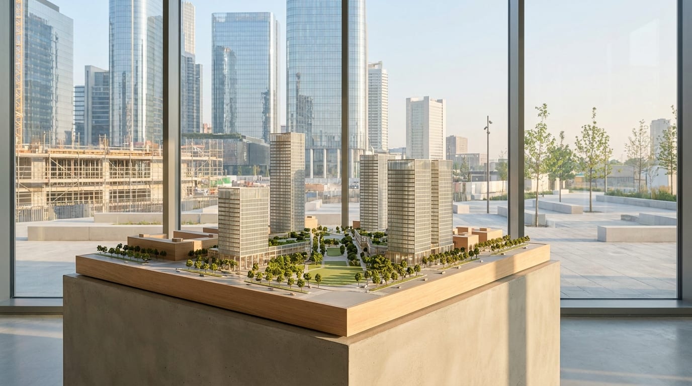 Architectural scale model of mixed-use development district with modern glass towers and construction site in background