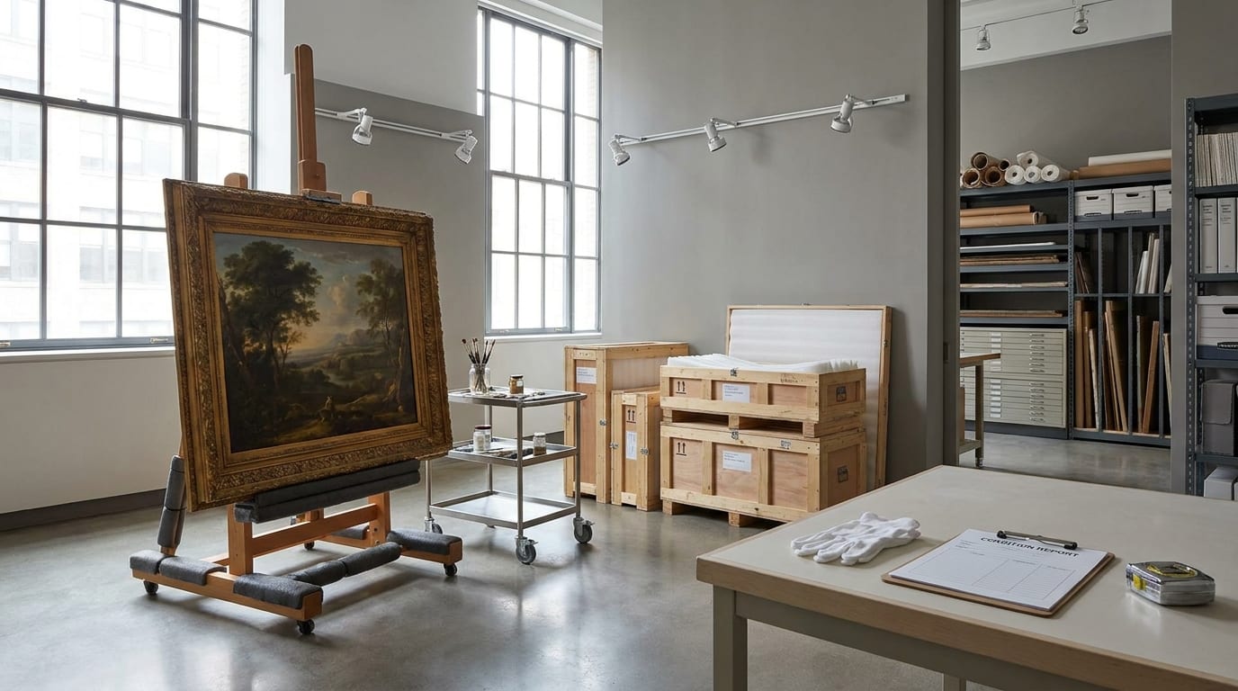 Museum conservation room with framed painting on easel, art storage crates, and archival materials on table