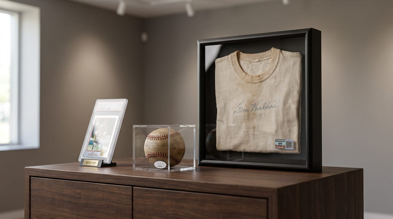 Premium sports memorabilia display with authenticated vintage baseball, signed jersey, and graded trading card on walnut case