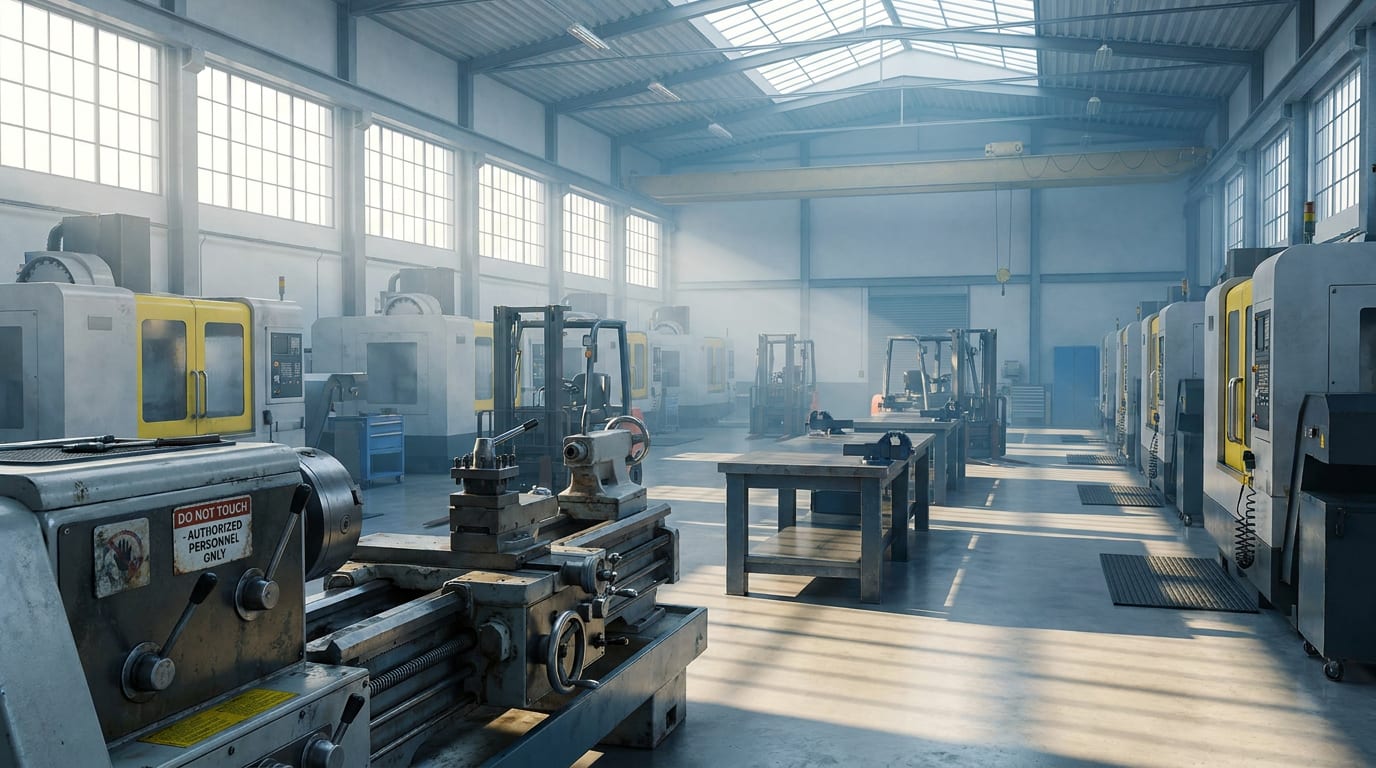 Rows of industrial manufacturing equipment in sunlit warehouse with morning light casting shadows across polished concrete floor