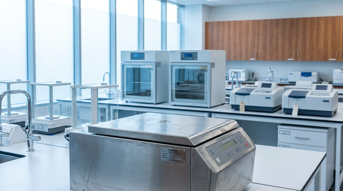 Modern research laboratory with centrifuges, balances, and analytical instruments on white benchtops lit by natural light