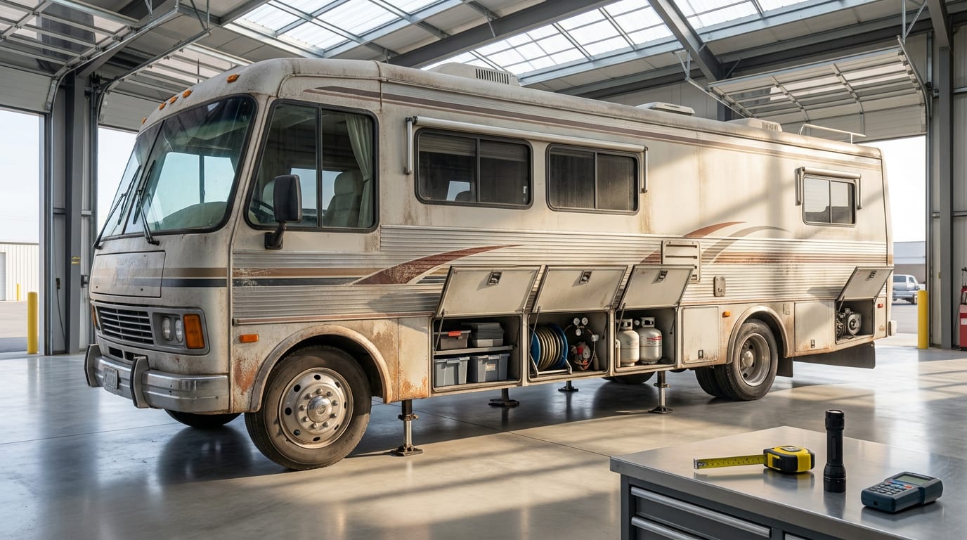 Large motorhome parked in bright inspection bay with open storage compartments and diagnostic tools on workbench